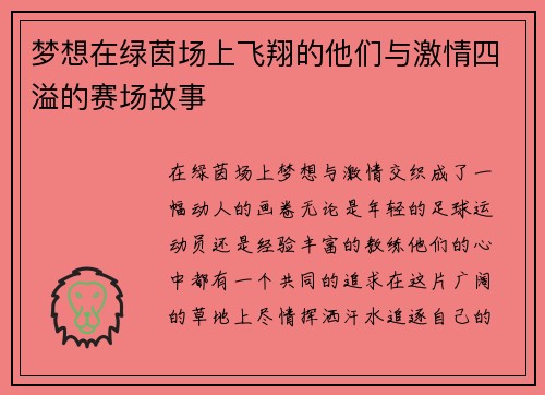 梦想在绿茵场上飞翔的他们与激情四溢的赛场故事